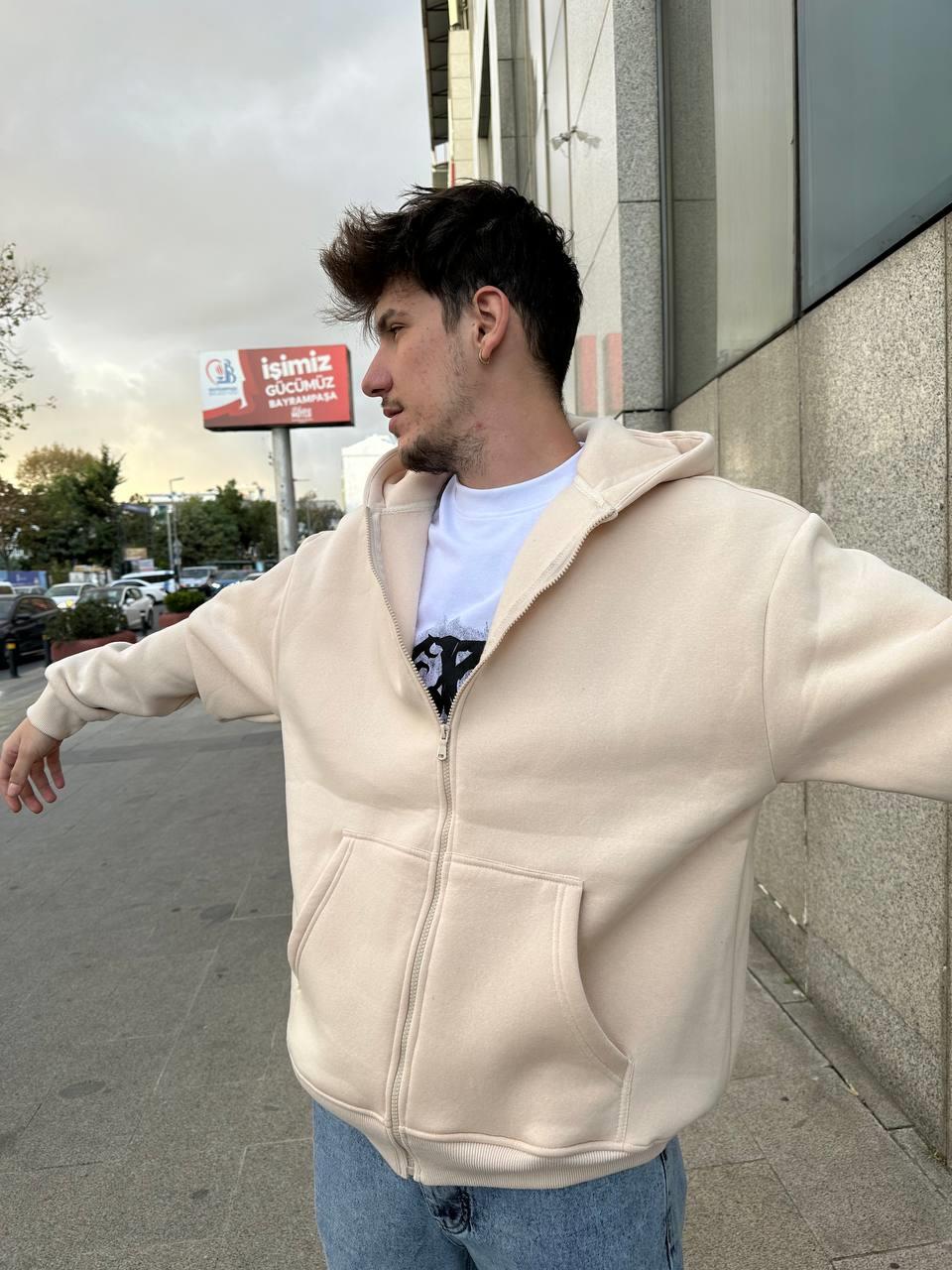 Elagance Basic Oversize Krem Zip HoodieHoodieEla645
