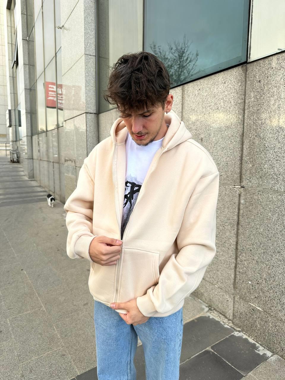 Elagance Basic Oversize Krem Zip HoodieHoodieEla645