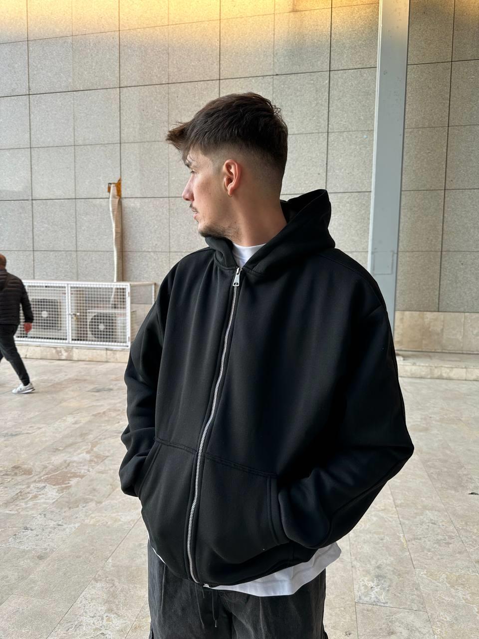Elagance Basic Oversize Siyah Zip HoodieHoodieEla650