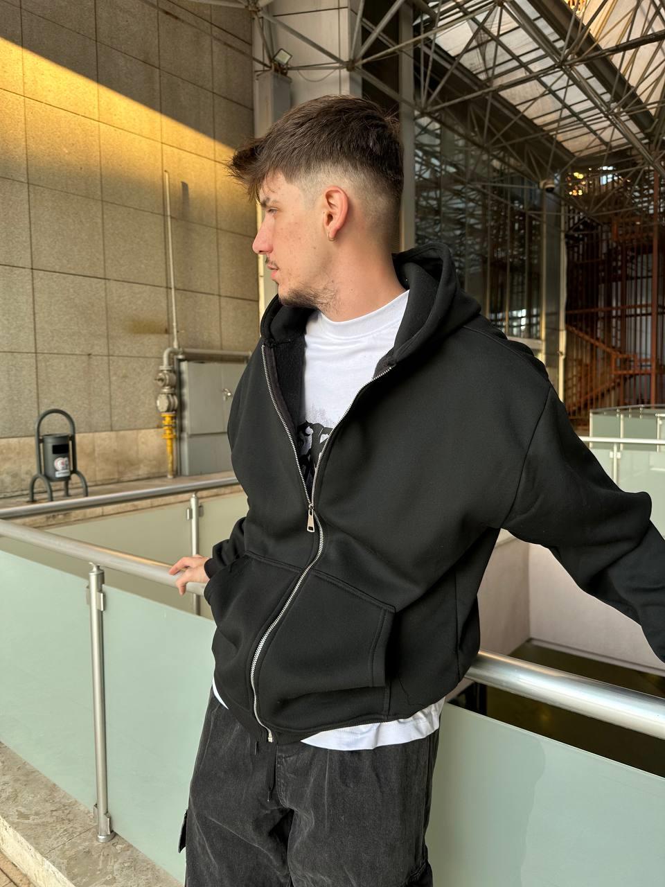 Elagance Basic Oversize Siyah Zip HoodieHoodieEla650