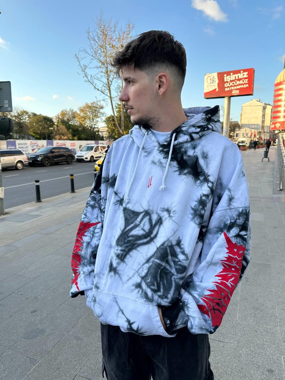 Elagance Beast Baskılı Batik Boyalı Oversize HoodieHoodieEla652