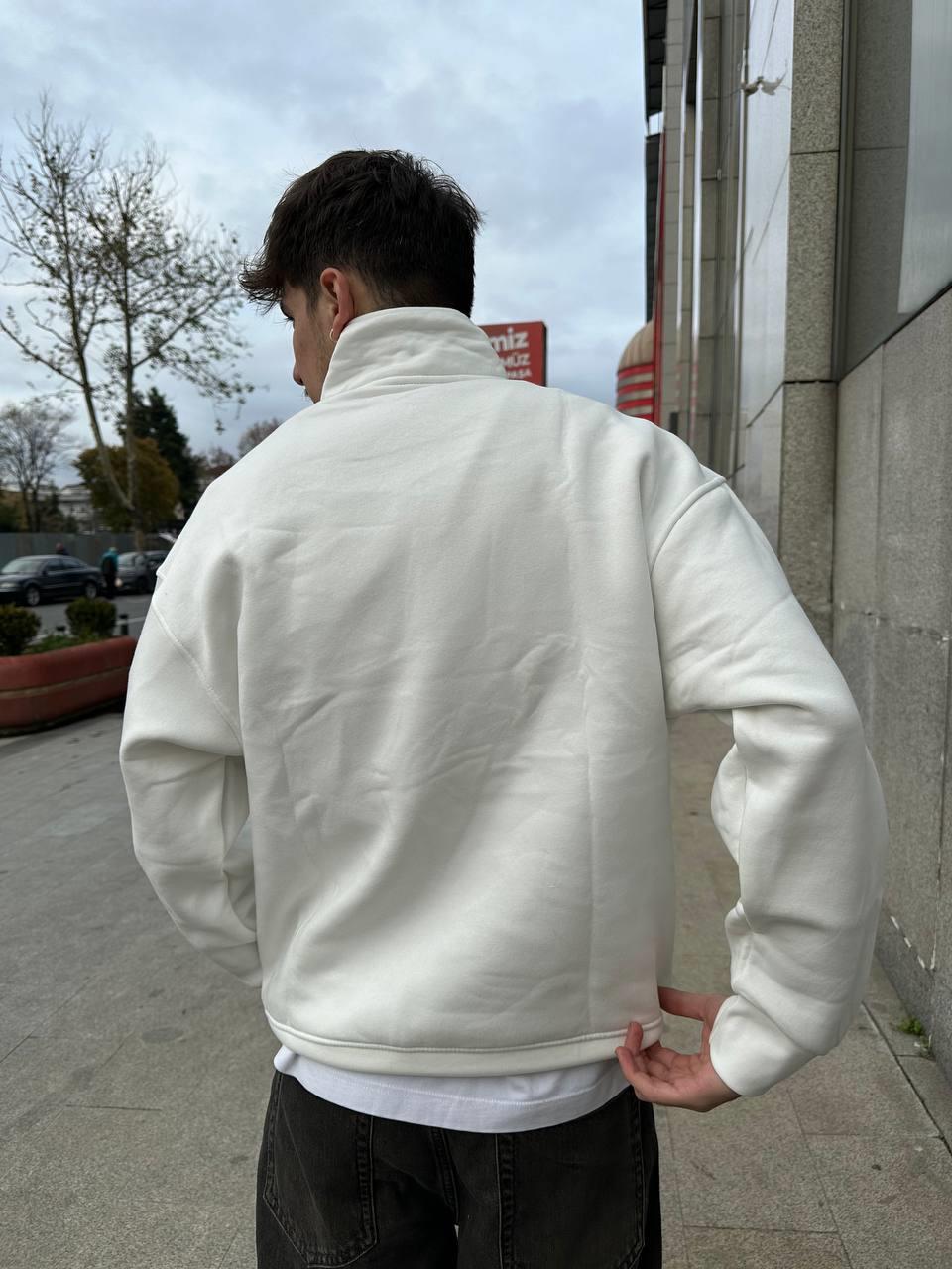 Elagance Beyaz Half Zip Polo Yaka SweatshirtHoodieEla654