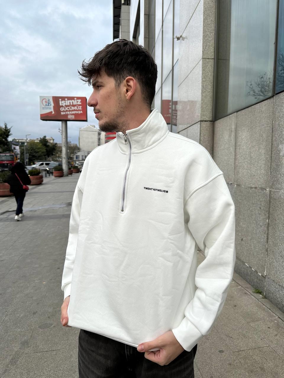 Elagance Beyaz Half Zip Polo Yaka SweatshirtHoodieEla654