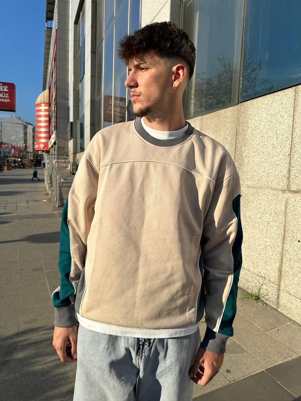 Elagance Ecco Haki Kol Detaylı Bej SweatshirtHoodieEla644
