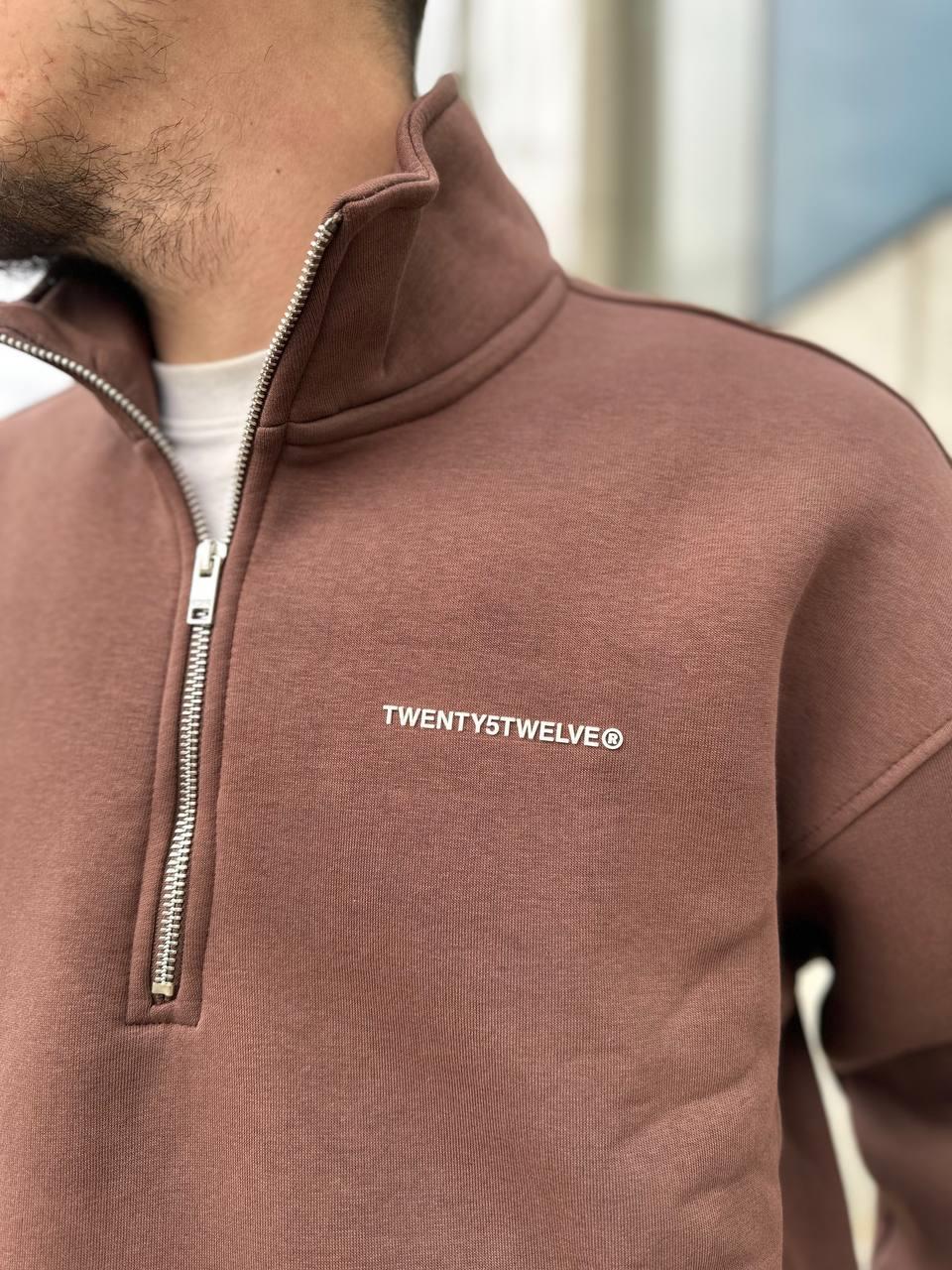 Elagance Kahverengi Half Zip Polo Yaka SweatshirtHoodieEla655