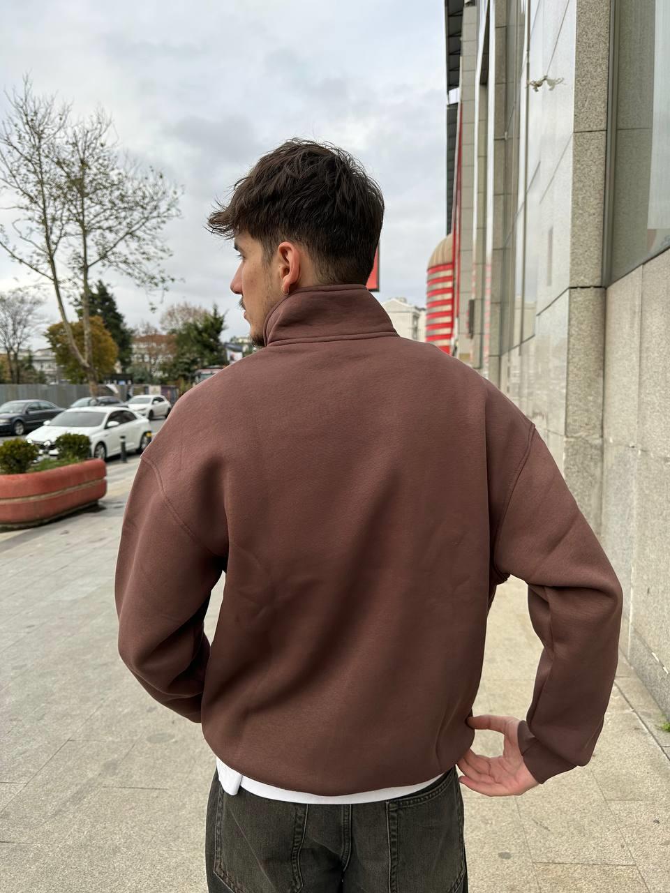Elagance Kahverengi Half Zip Polo Yaka SweatshirtHoodieEla655