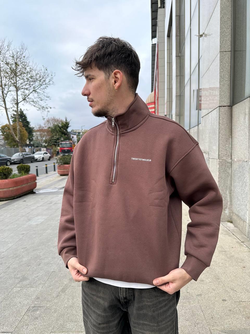 Elagance Kahverengi Half Zip Polo Yaka SweatshirtHoodieEla655