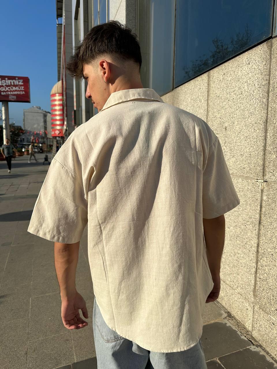 Elagance Keten Bej Kısa Kollu GömlekSweatshirtEla620