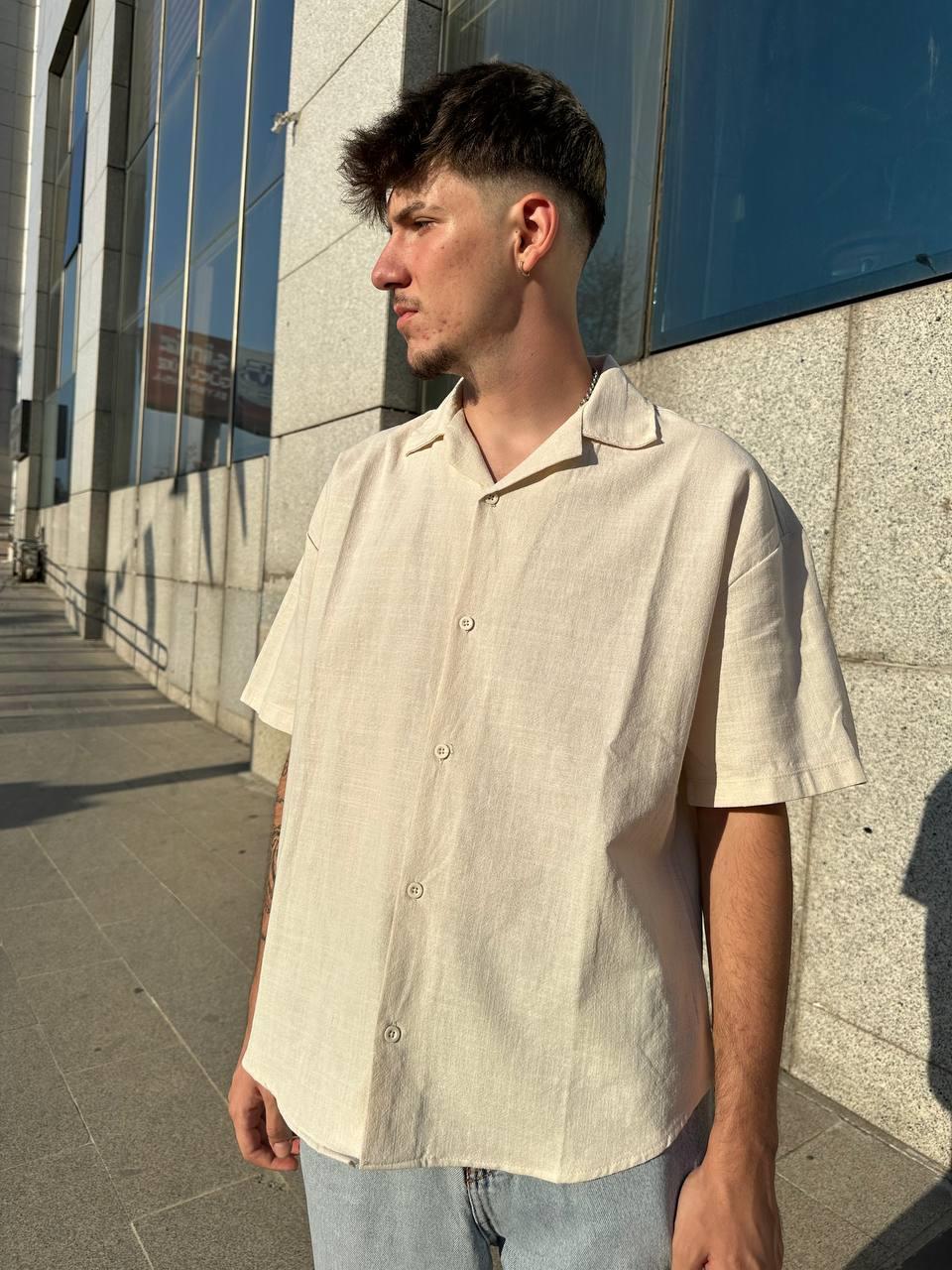 Elagance Keten Bej Kısa Kollu GömlekSweatshirtEla620