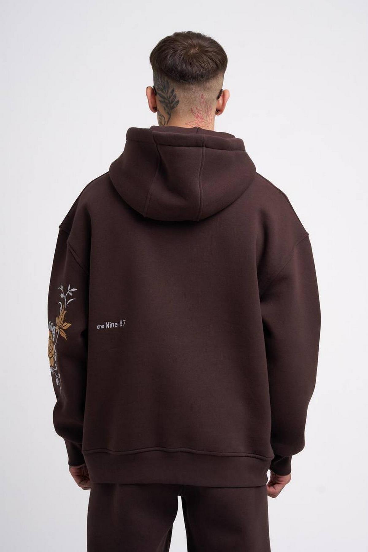 Elagance MCHST Nakışlı Kahverengi HoodieHoodieEla622
