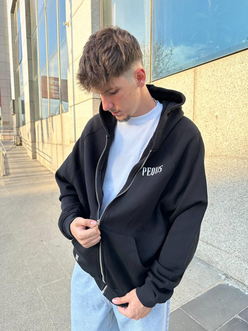 Elagance Pequ's Baskılı Siyah Oversize Zip HoodieHoodieEla640