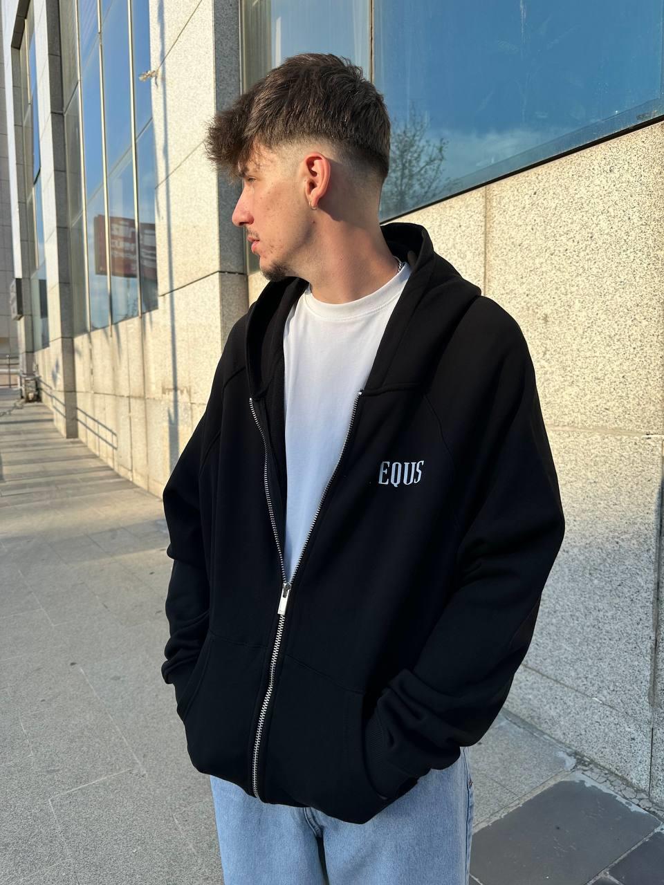 Elagance Pequ's Baskılı Siyah Oversize Zip HoodieHoodieEla640