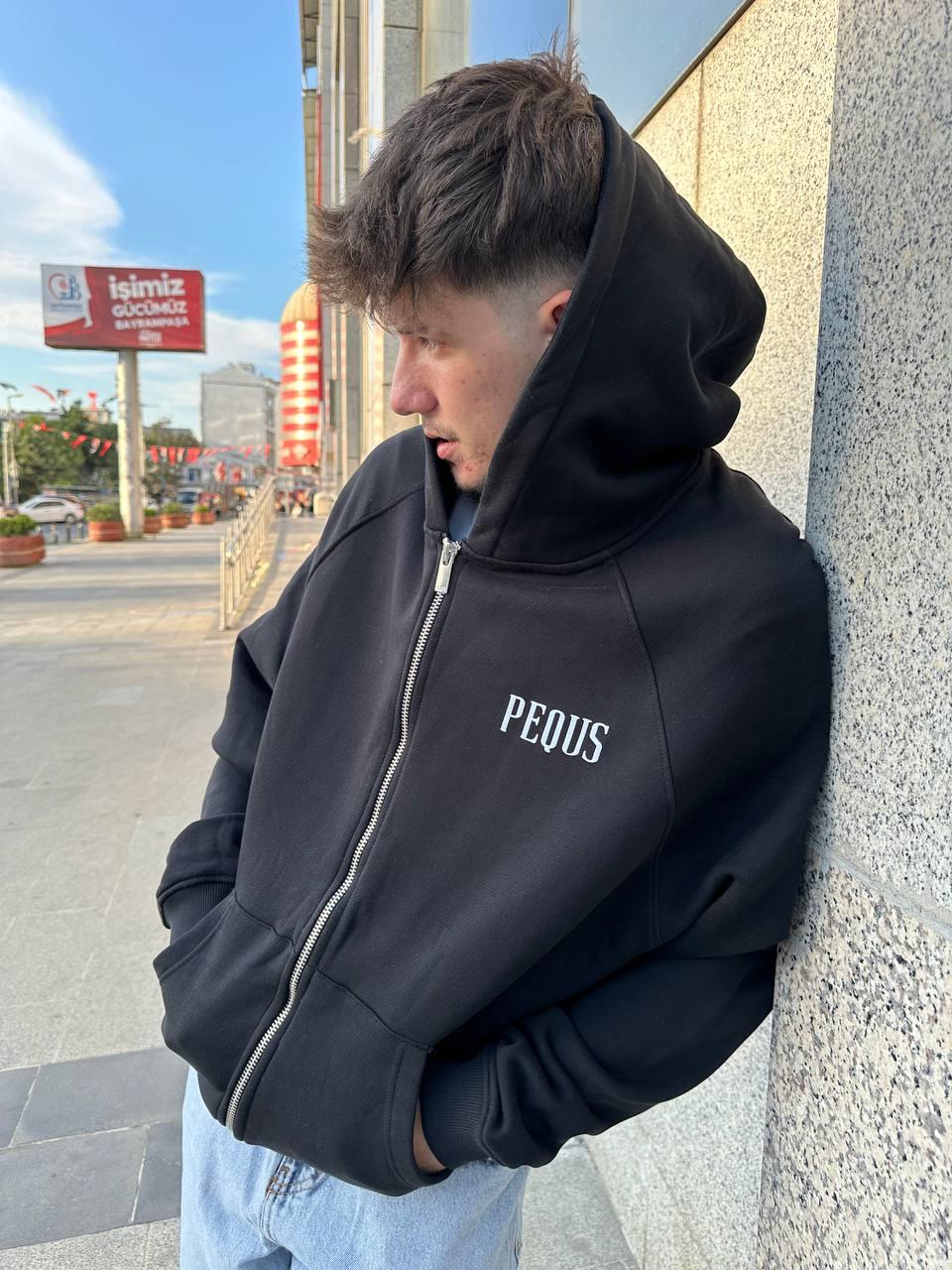 Elagance Pequ's Baskılı Siyah Oversize Zip HoodieHoodieEla640
