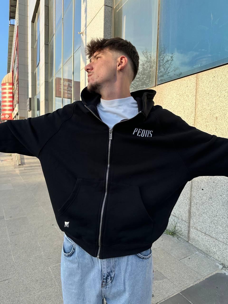 Elagance Pequ's Baskılı Siyah Oversize Zip HoodieHoodieEla640