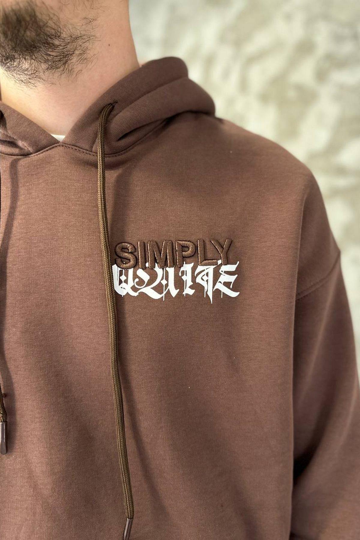 Elagance Simply Nakışlı Kahverengi HoodieSweatshirtEla617