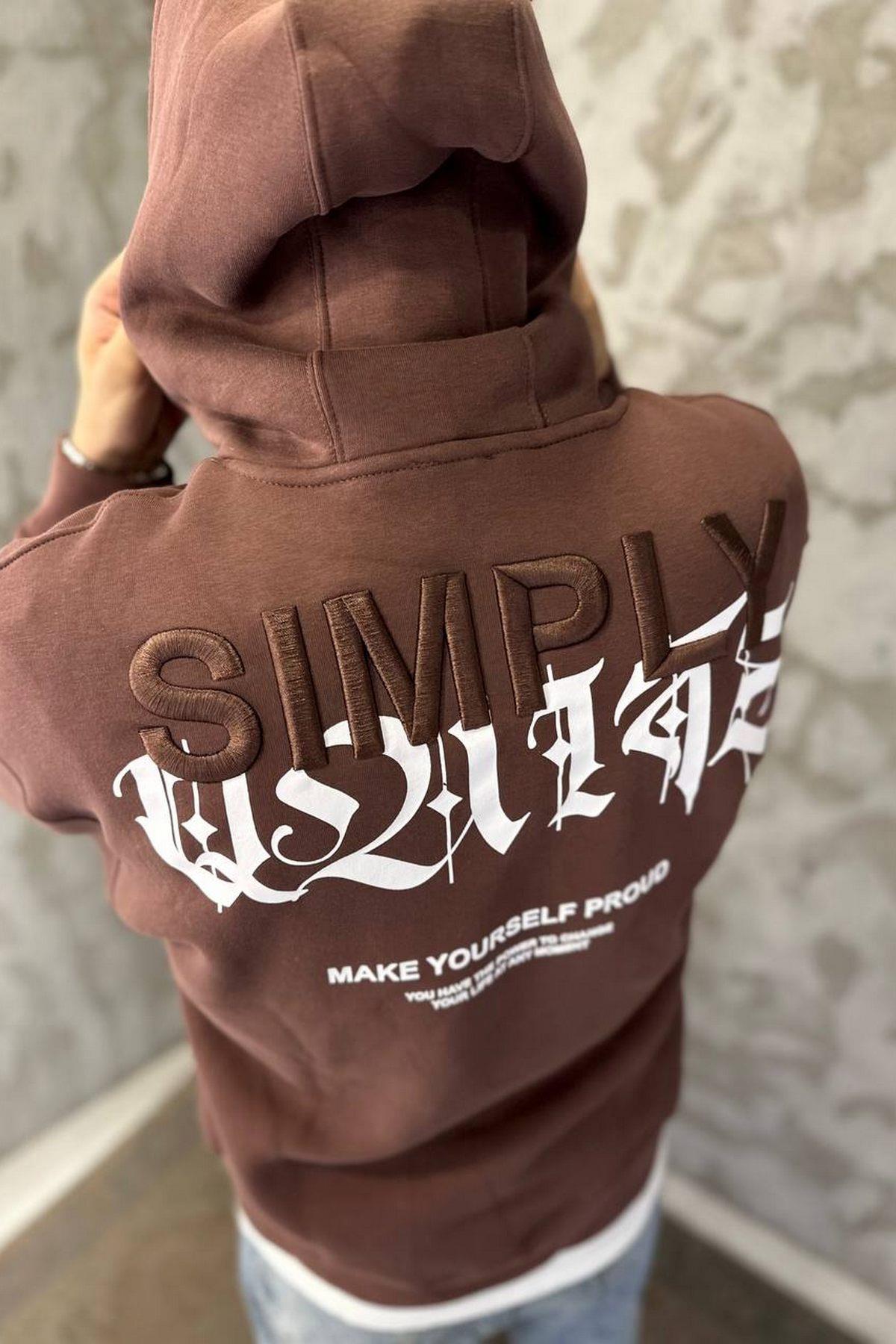 Elagance Simply Nakışlı Kahverengi HoodieSweatshirtEla617