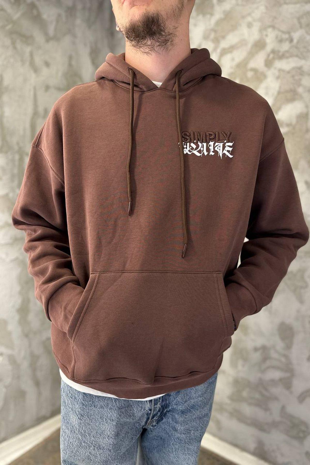 Elagance Simply Nakışlı Kahverengi HoodieSweatshirtEla617