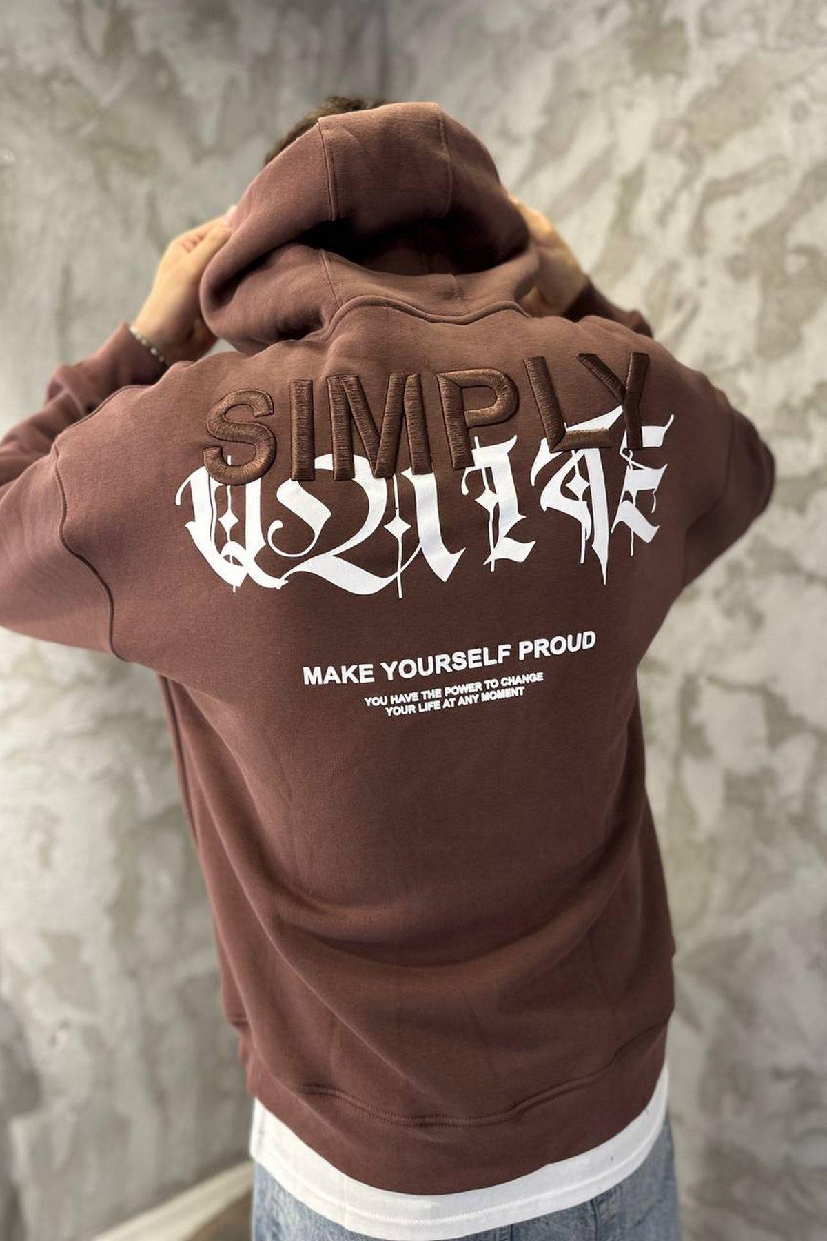 Elagance Simply Nakışlı Kahverengi HoodieSweatshirtEla617