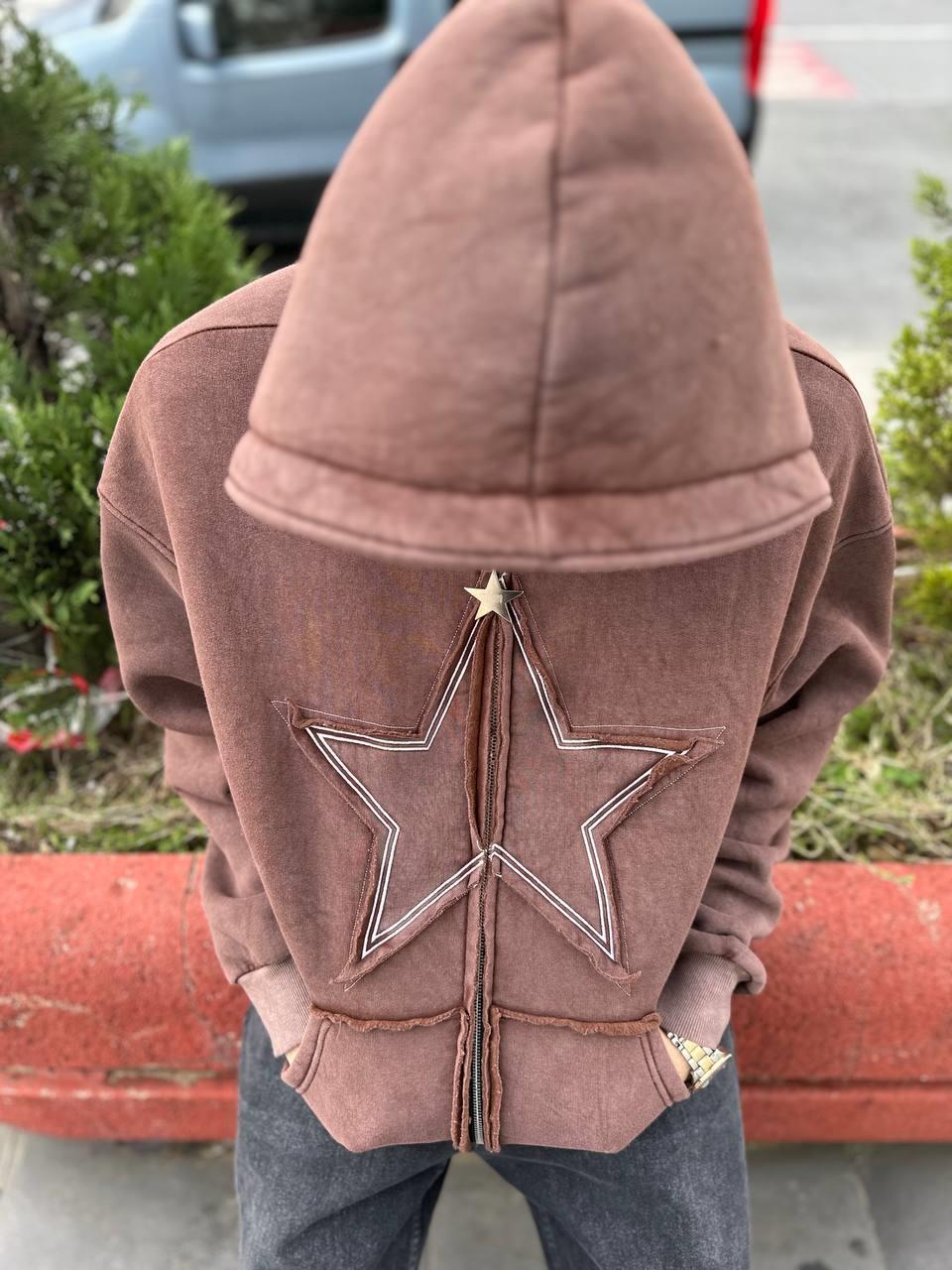 Elagance Star Nakışlı Kahverengi Şardonlu Zip HoodieHoodieEla637