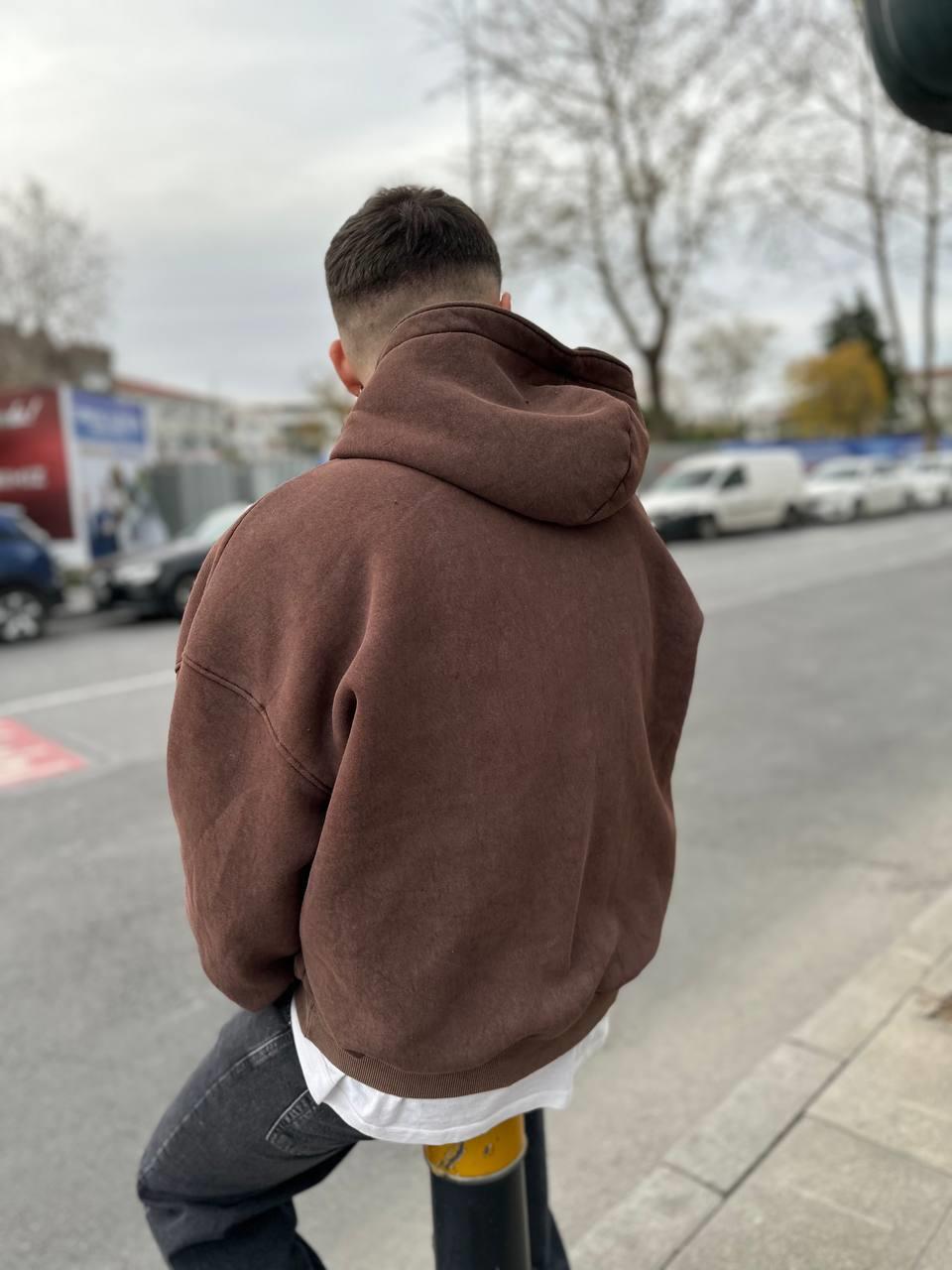 Elagance Star Nakışlı Kahverengi Şardonlu Zip HoodieHoodieEla637
