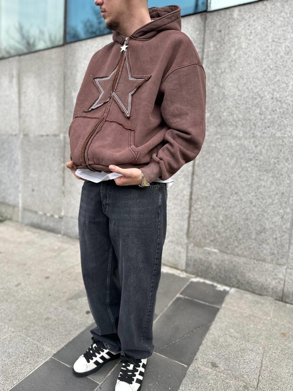 Elagance Star Nakışlı Kahverengi Şardonlu Zip HoodieHoodieEla637