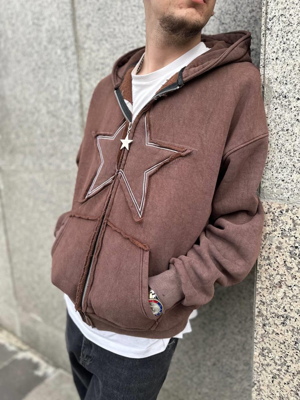 Elagance Star Nakışlı Kahverengi Şardonlu Zip HoodieHoodieEla637
