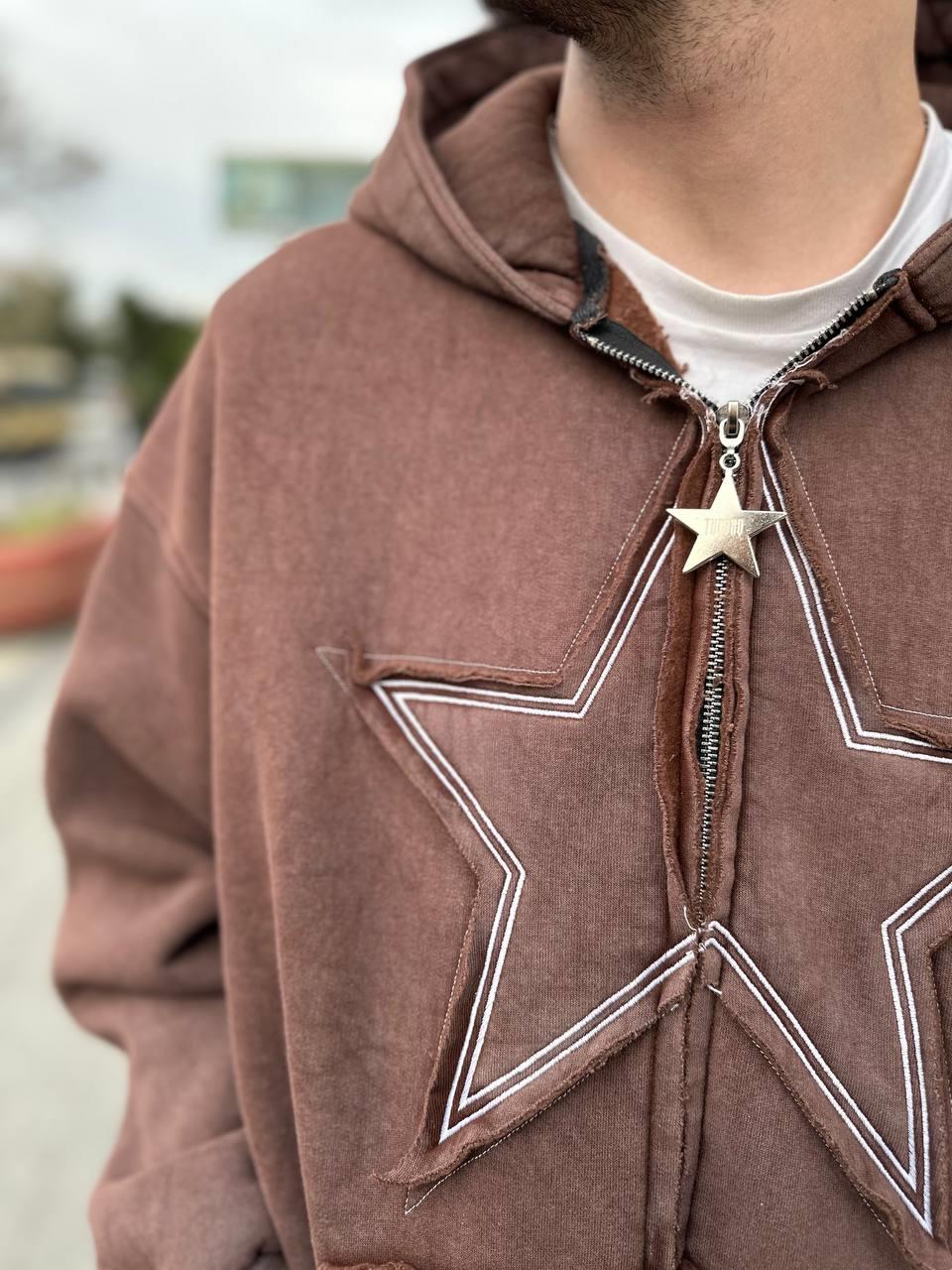 Elagance Star Nakışlı Kahverengi Şardonlu Zip HoodieHoodieEla637