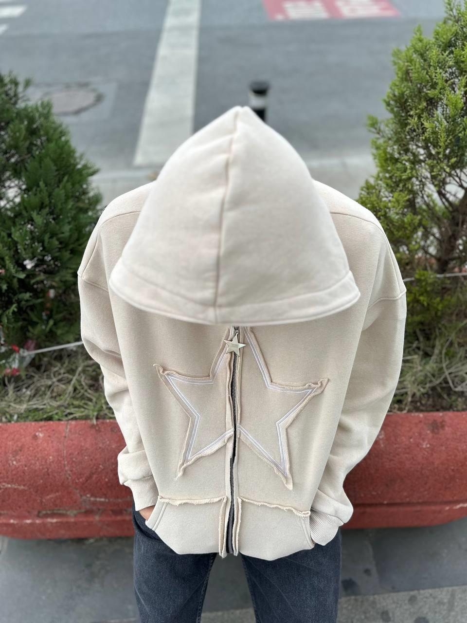 Elagance Star Nakışlı Krem Şardonlu Zip HoodieHoodieEla636