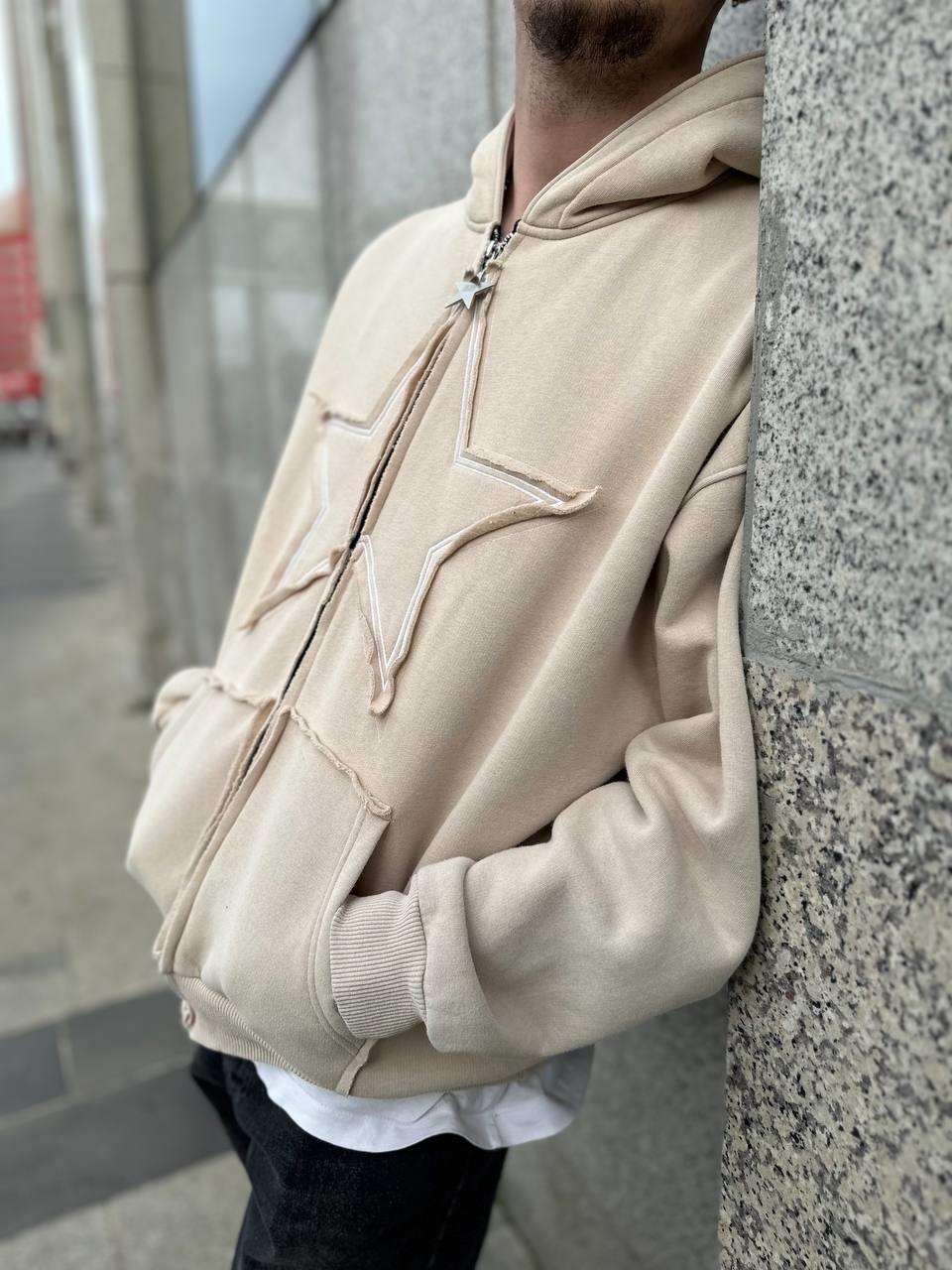 Elagance Star Nakışlı Krem Şardonlu Zip HoodieHoodieEla636