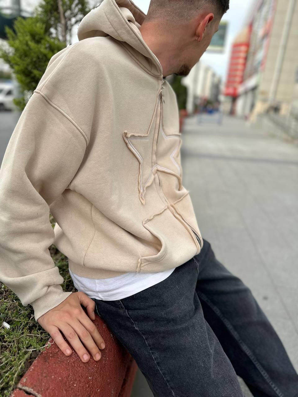 Elagance Star Nakışlı Krem Şardonlu Zip HoodieHoodieEla636