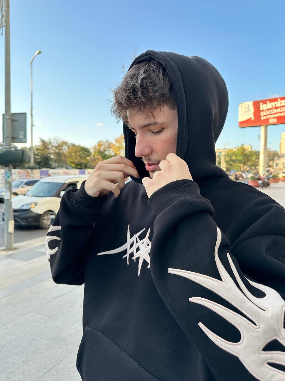 Elagance Tribal Nakışlı Siyah Oversize HoodieHoodieEla651