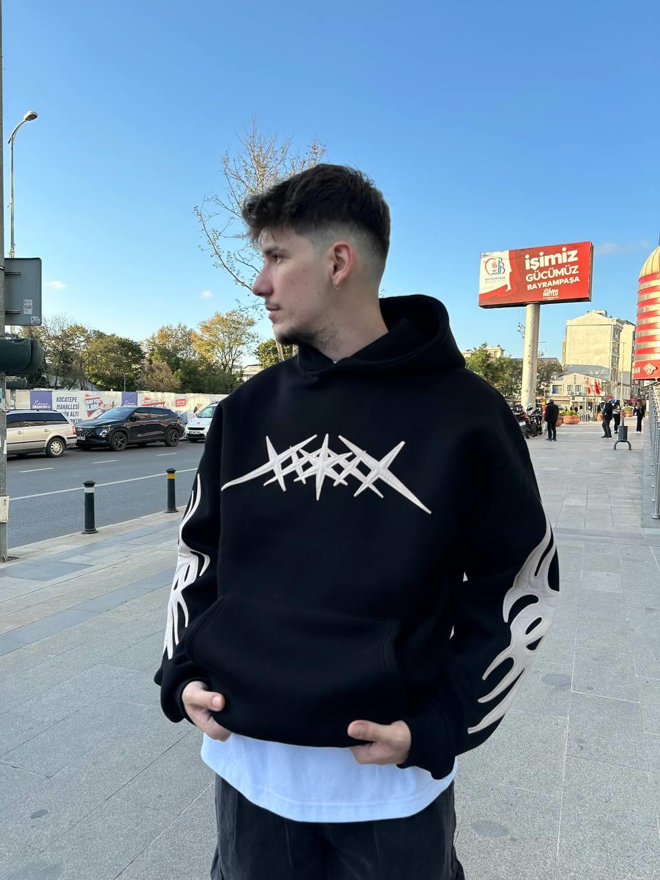 Elagance Tribal Nakışlı Siyah Oversize HoodieHoodieEla651