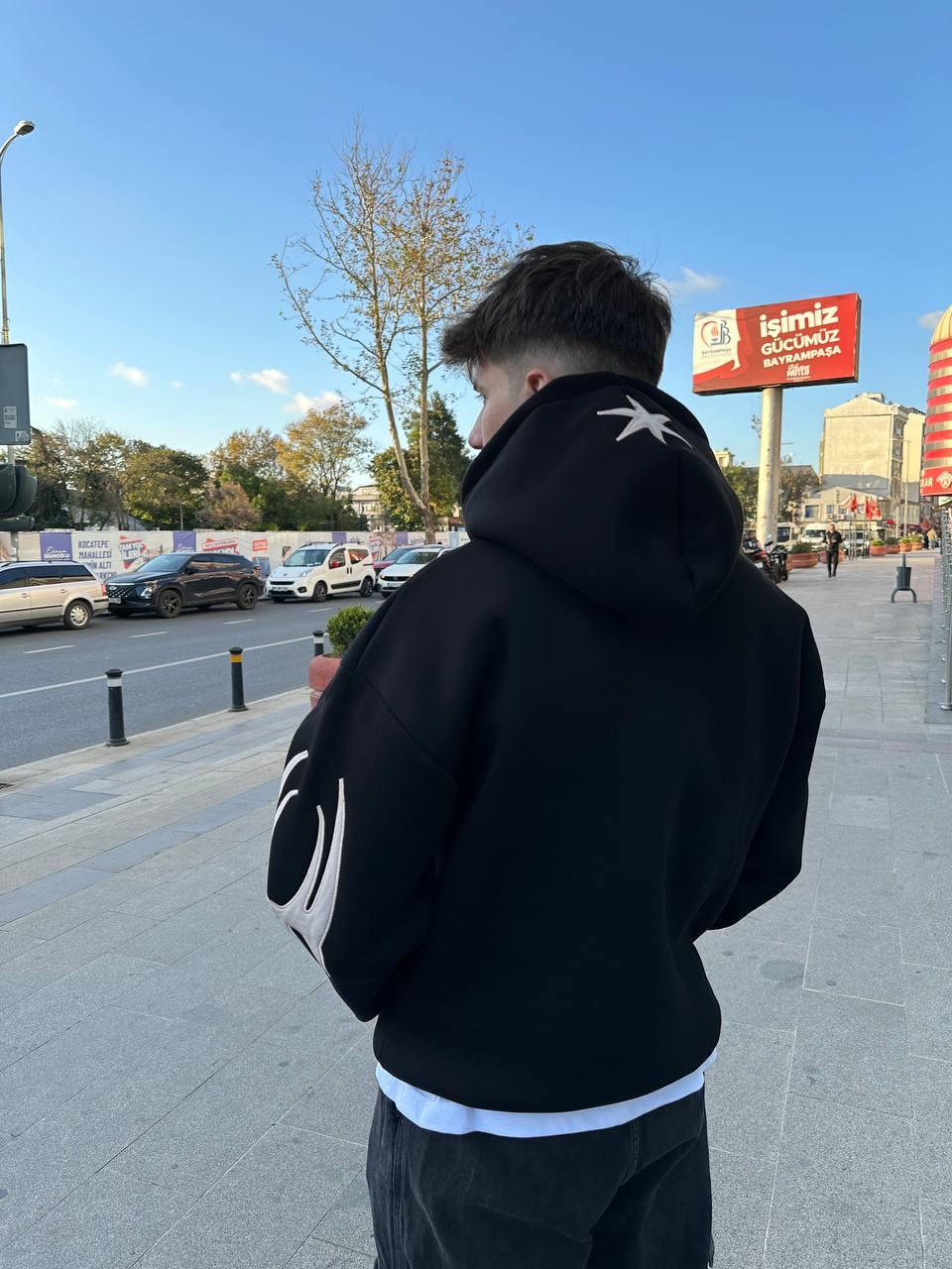Elagance Tribal Nakışlı Siyah Oversize HoodieHoodieEla651