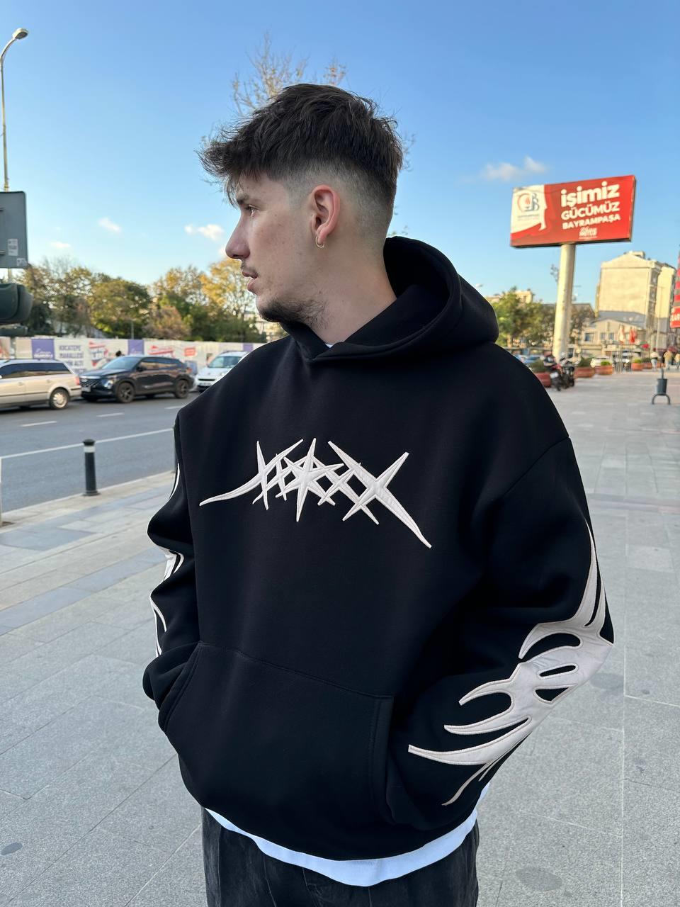 Elagance Tribal Nakışlı Siyah Oversize HoodieHoodieEla651