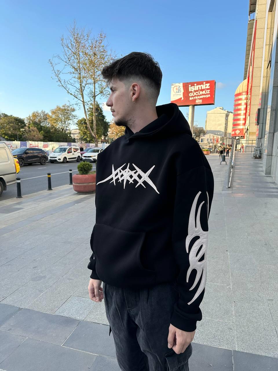Elagance Tribal Nakışlı Siyah Oversize HoodieHoodieEla651