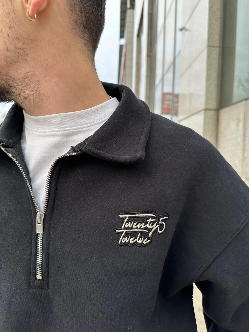 Elagance Twenty Nakış Detaylı Fırçalı Kumaş Siyah Half Zip Polo Yaka SweatshirtHoodieEla657