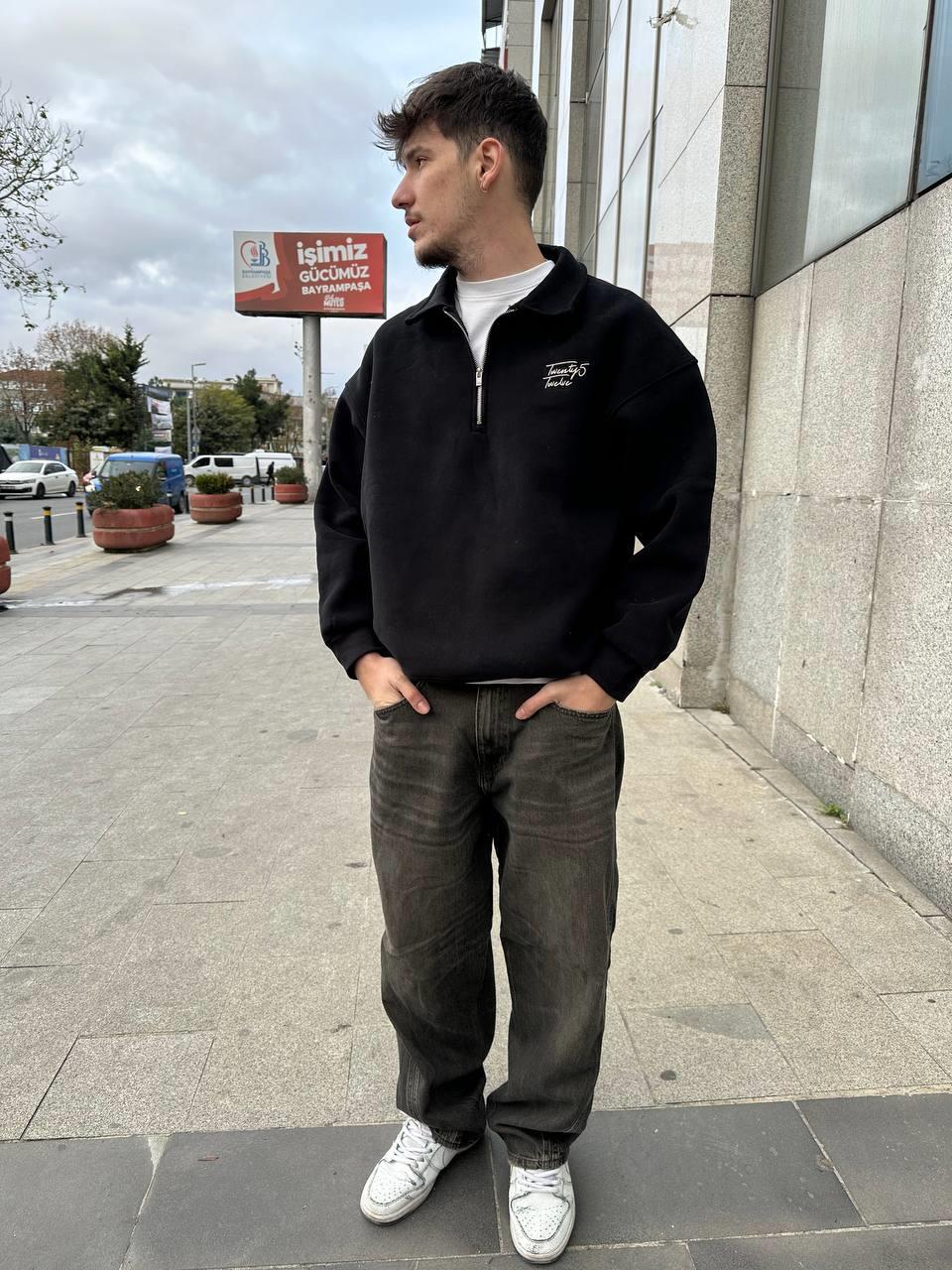 Elagance Twenty Nakış Detaylı Fırçalı Kumaş Siyah Half Zip Polo Yaka SweatshirtHoodieEla657