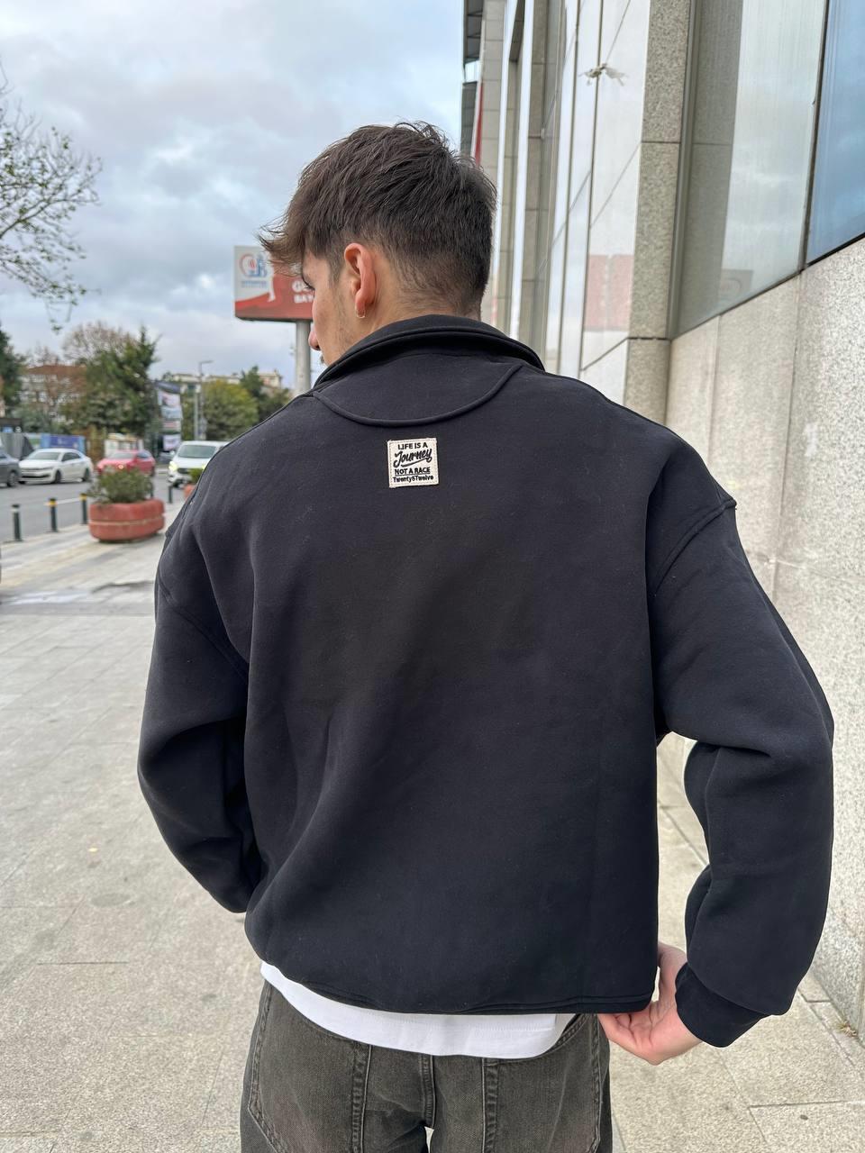 Elagance Twenty Nakış Detaylı Fırçalı Kumaş Siyah Half Zip Polo Yaka SweatshirtHoodieEla657