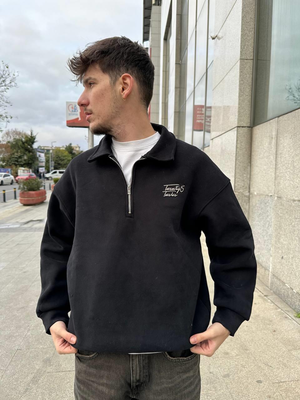Elagance Twenty Nakış Detaylı Fırçalı Kumaş Siyah Half Zip Polo Yaka SweatshirtHoodieEla657