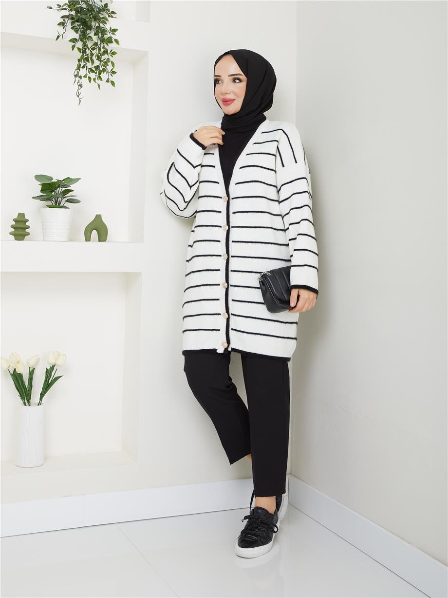 Çizgili Sakallı Triko Hırka Beyaz 2252-1