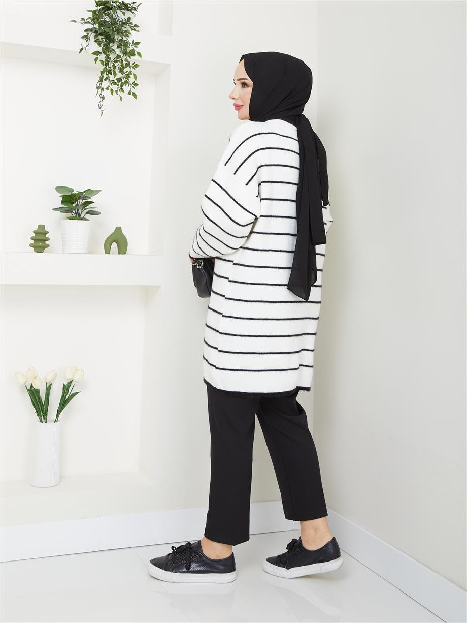 Çizgili Sakallı Triko Hırka Beyaz 2252-1