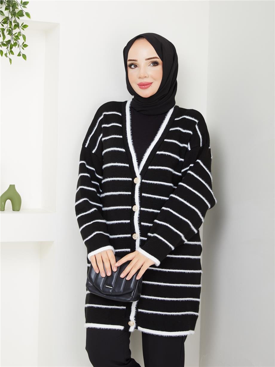 Çizgili Sakallı Triko Hırka Siyah 2252-1