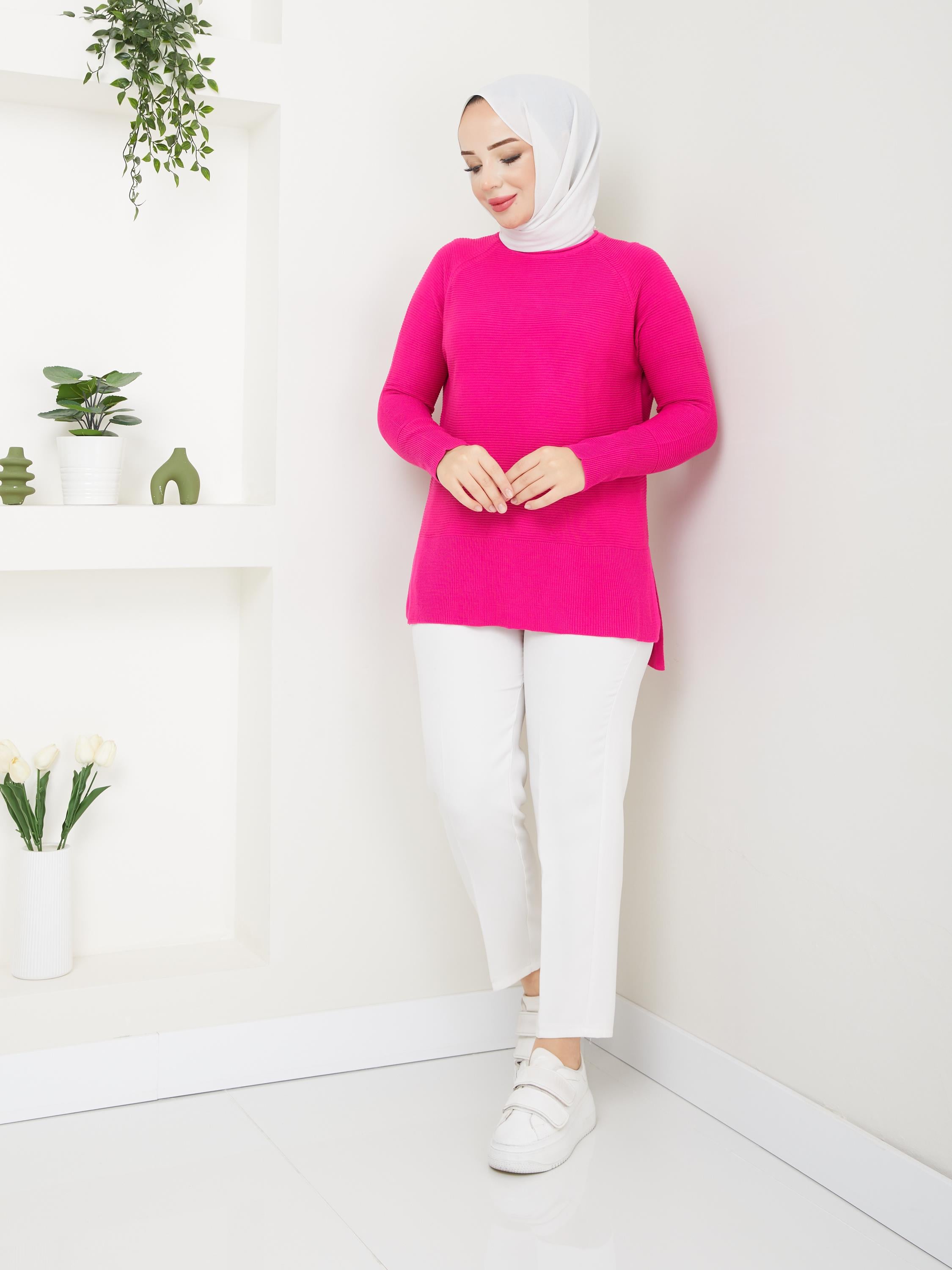 Fitilli Battal Boy Triko Tunik Fuşya 2224-1