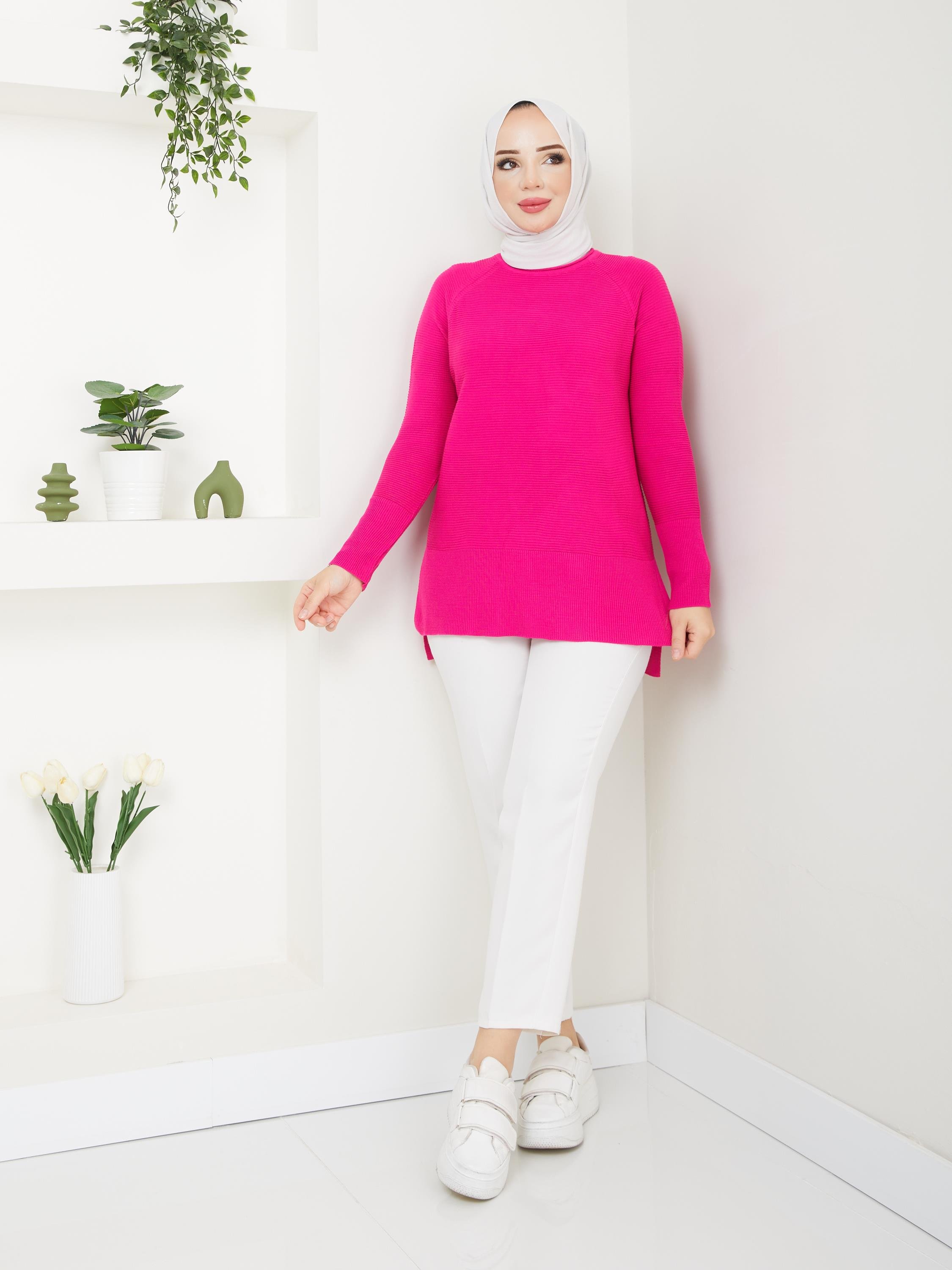 Fitilli Battal Boy Triko Tunik Fuşya 2224-1