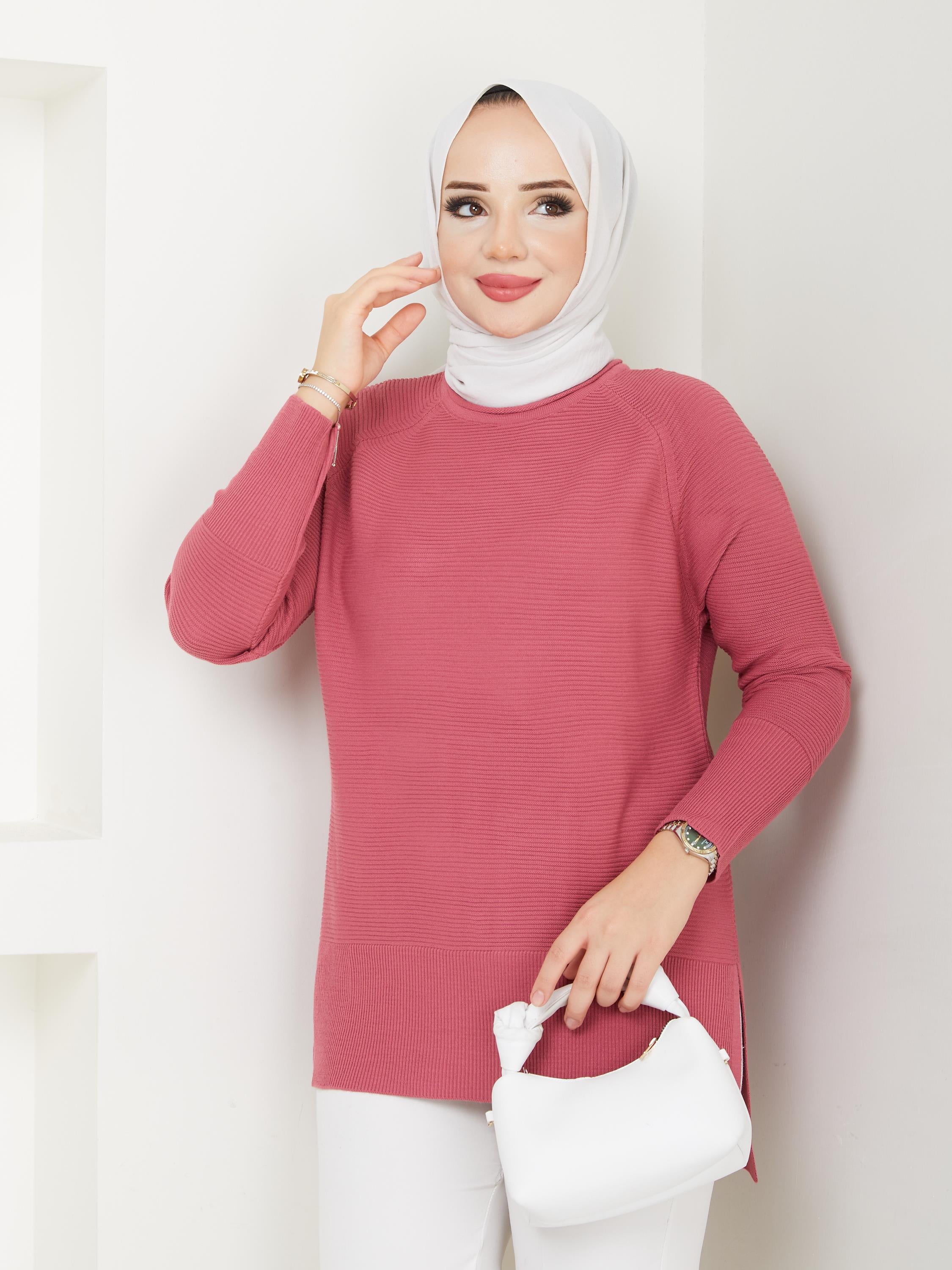 Fitilli Battal Boy Triko Tunik Gül Kurusu 2224-1