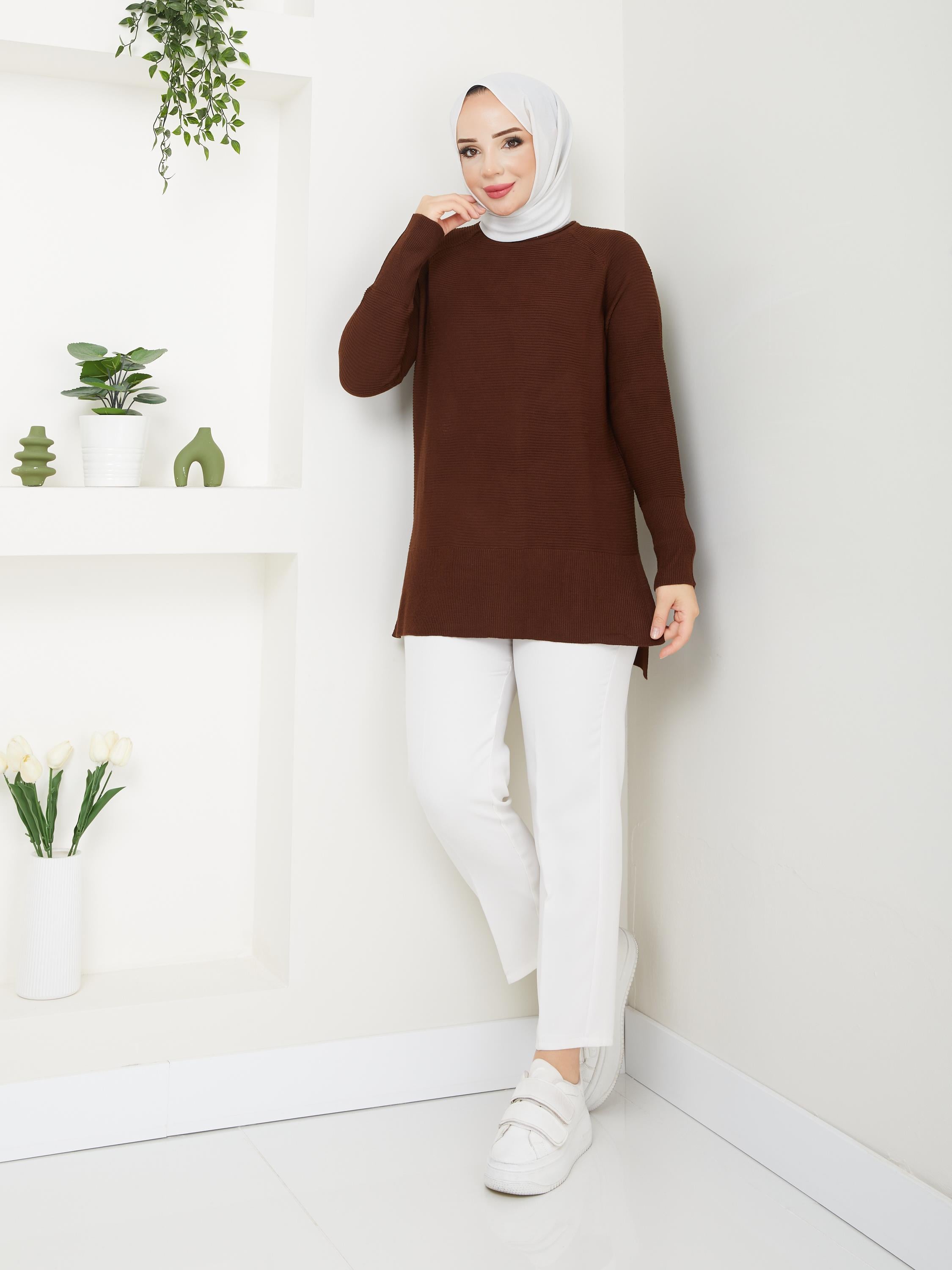 Fitilli Battal Boy Triko Tunik Kahve 2224-1