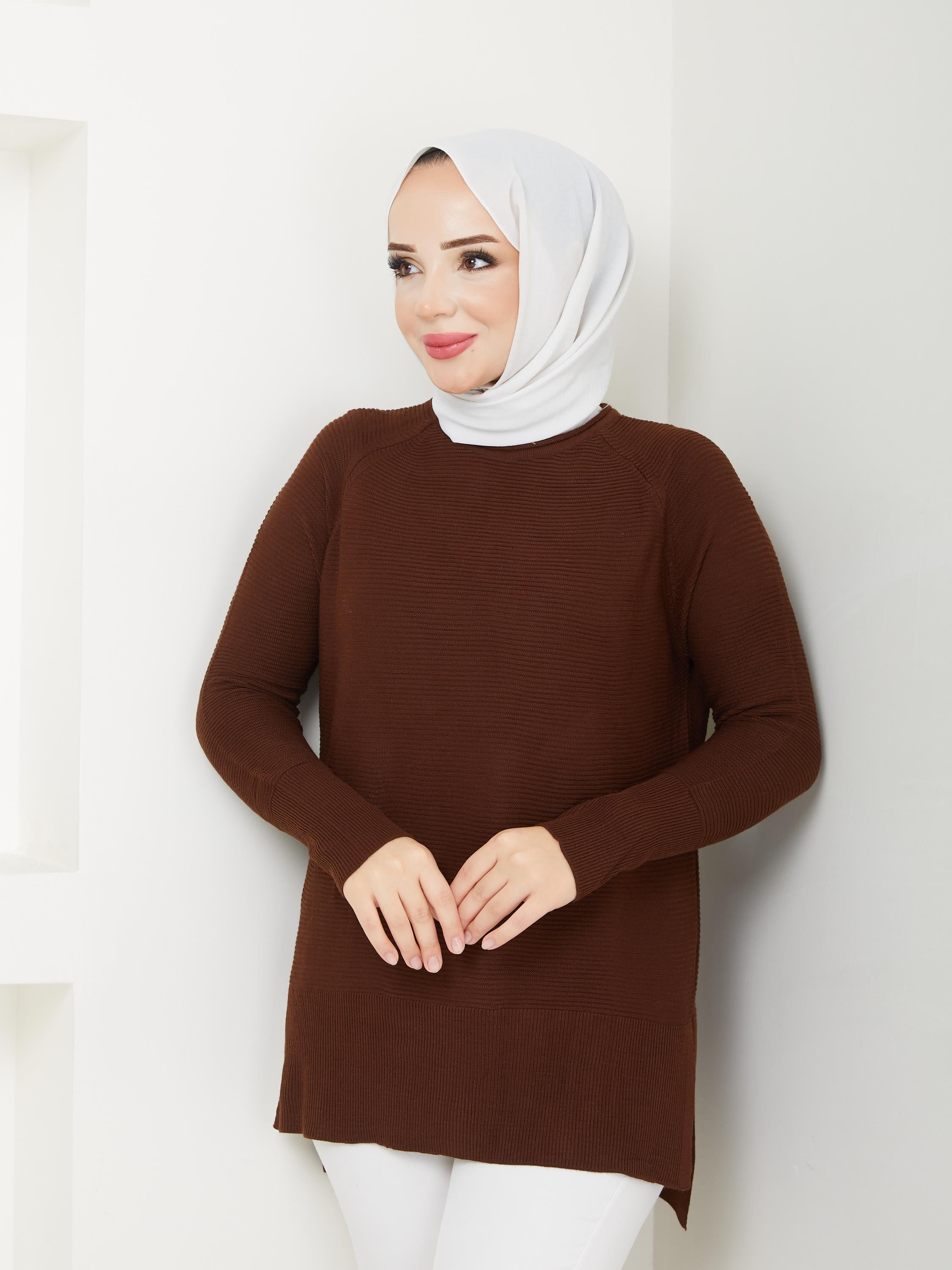 Fitilli Battal Boy Triko Tunik Kahve 2224-1