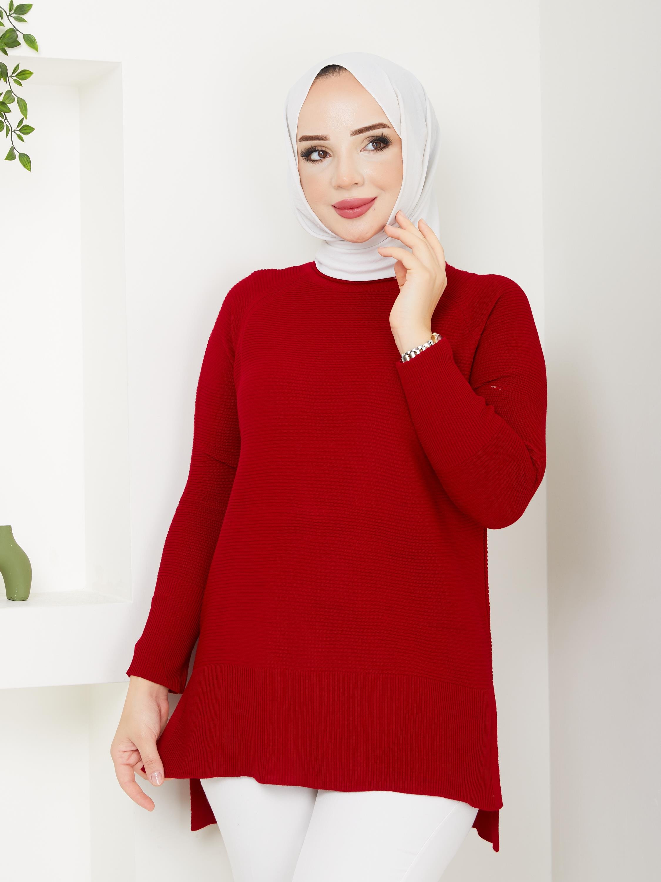 Fitilli Battal Boy Triko Tunik Kırmızı  2224-1