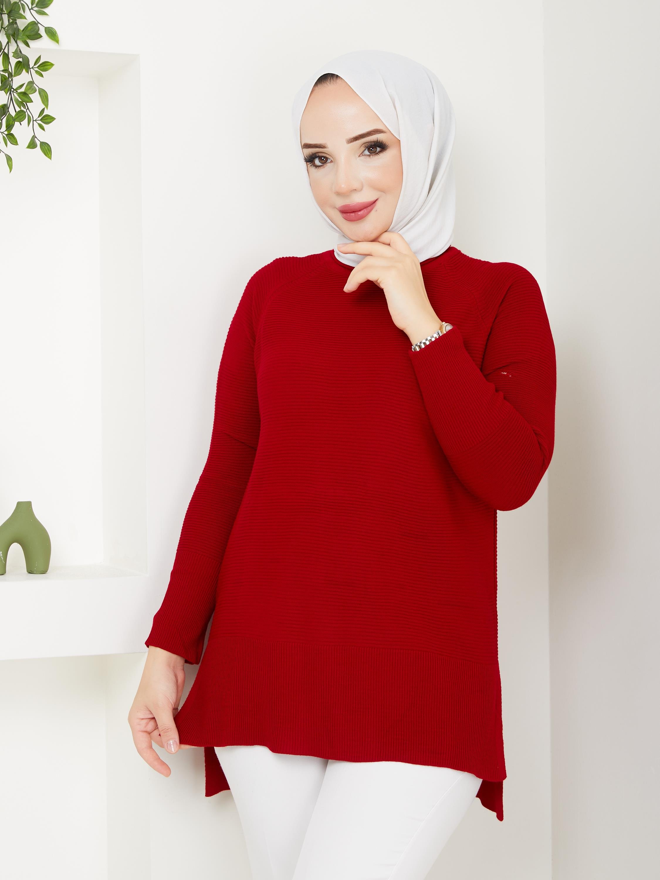 Fitilli Battal Boy Triko Tunik Kırmızı  2224-1