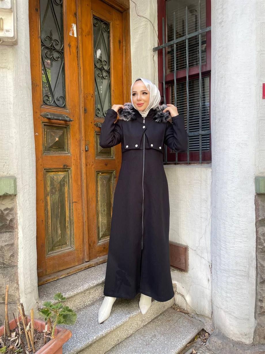 Kaşe Fermuarlı Cepli Kaban - Siyah Renk- 